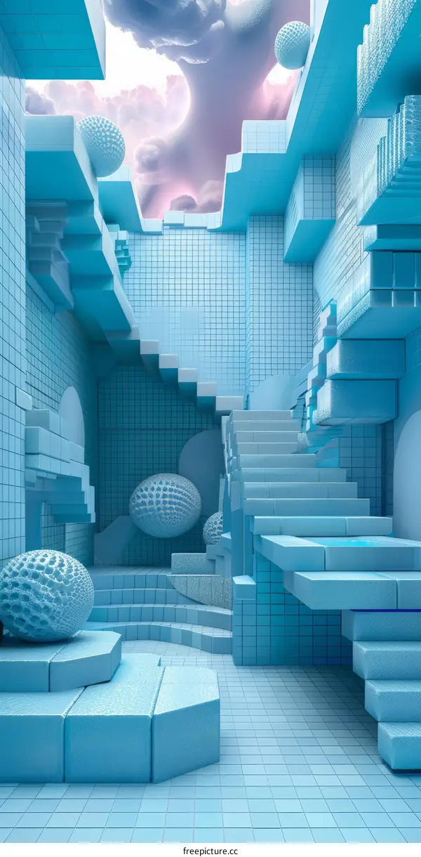Blue 3D structure with stairs and spheres
