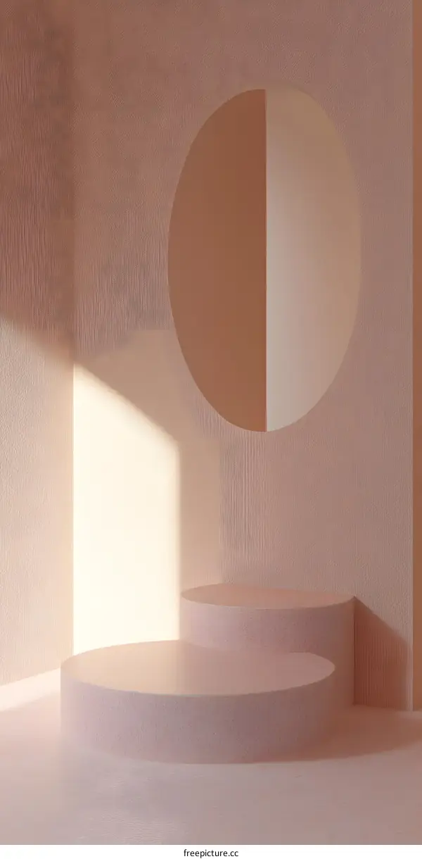 Minimalist Interior Design with Two Pink Platforms and Circular Window