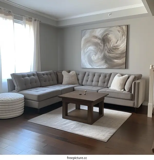 A modern living room with a large sectional sofa, a coffee table, rug, and a large painting on the wall