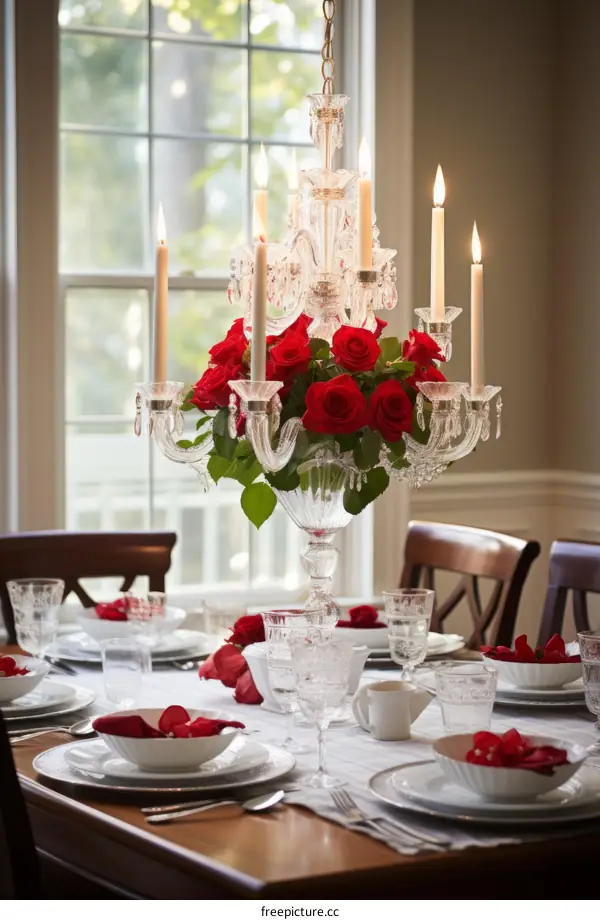 Elegant table setting with red roses and crystal chandelier