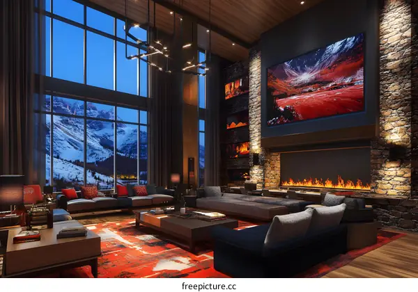 Modern Mountain View Living Room Interior Design With Fireplace