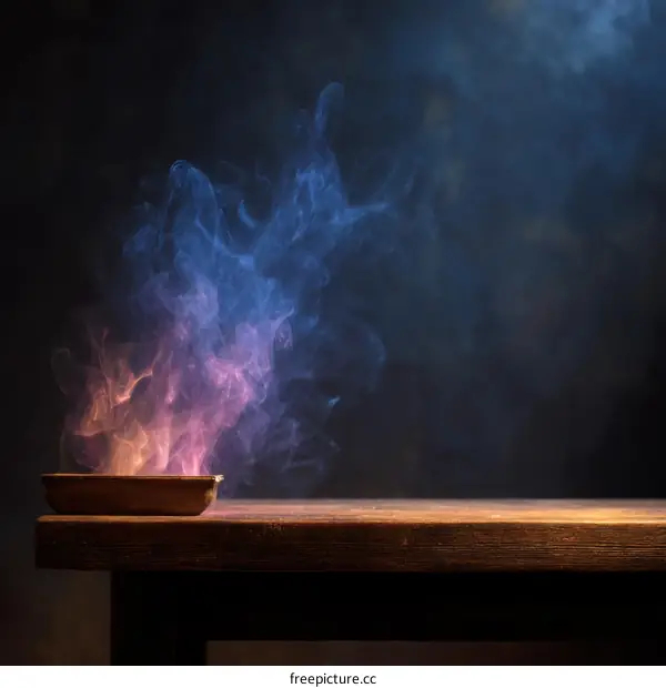 Colorful Smoke Over Wooden Tabletop