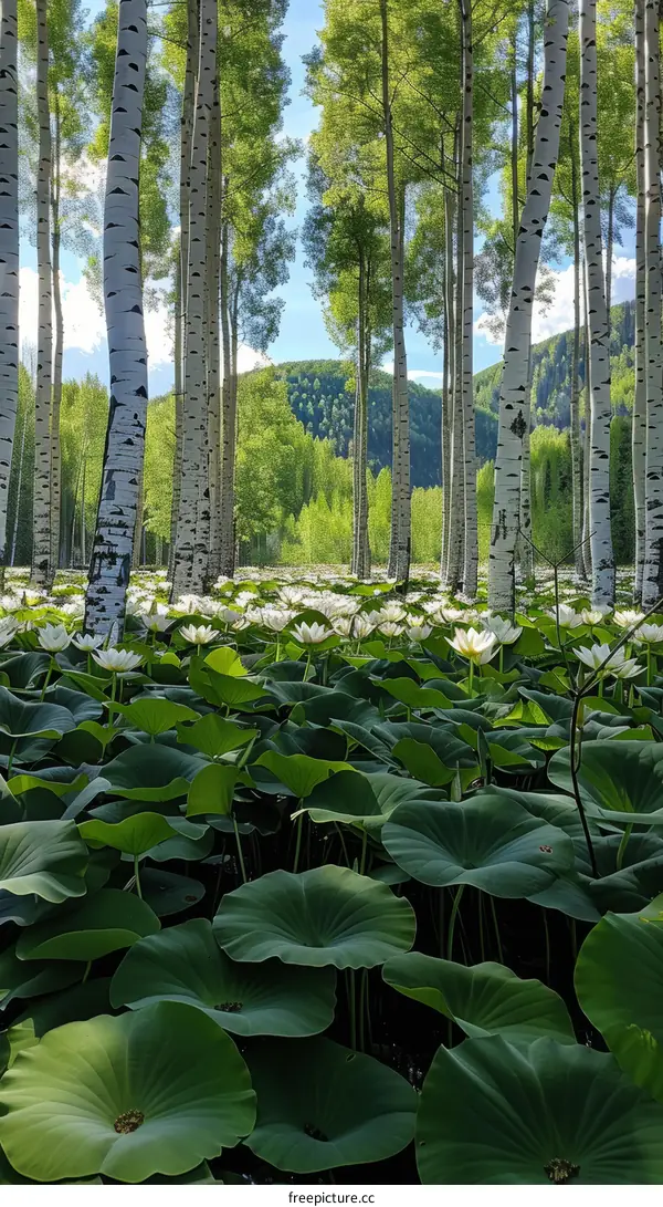 lush green leaves and white flowers in a dense forest with tall white birch trees in the background