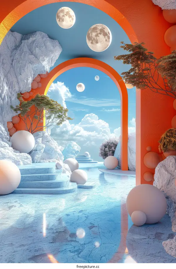 Surreal Landscape with Blue Water and Orange Rocks