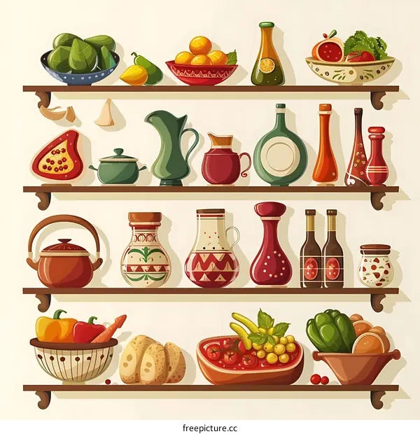 Cartoon Kitchen Shelves with Food and Dishes