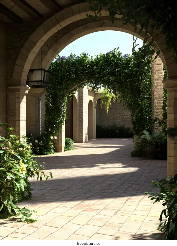 Stone Archway Leading to a Courtyard with Greenery