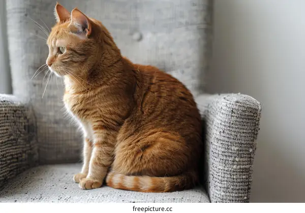 A ginger cat is sitting on a gray armchair looking away