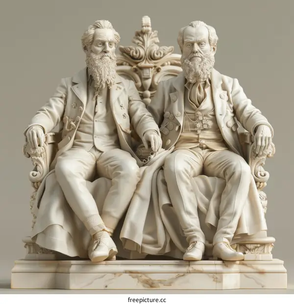 Two men in suits sitting on a marble bench