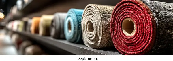 Colorful Carpets Rolled Up on Shelves