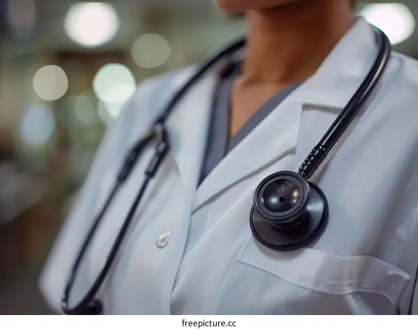 A female doctor of African descent wearing a white lab coat and stethoscope around her neck