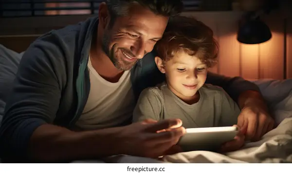 Father and son bonding over a tablet