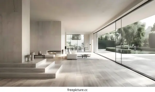 Modern Minimalist Living Room Interior Design with Large Windows and a Fireplace