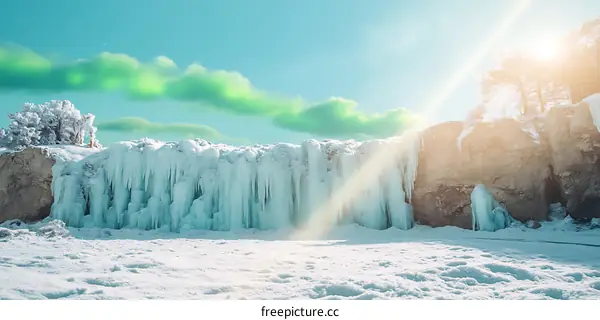 Frozen Waterfall Cliffside Landscape With Green Sky
