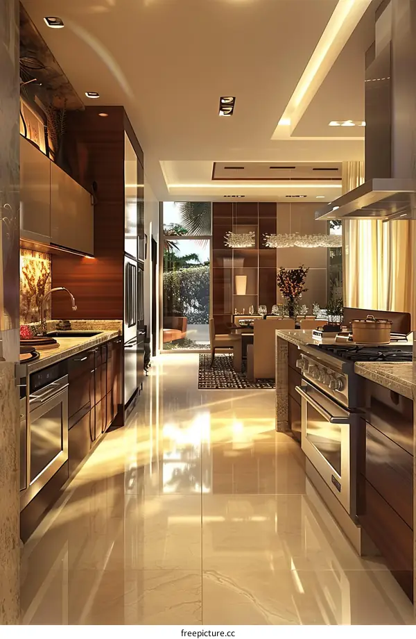 Modern Kitchen with Brown Cabinets and Stainless Steel Appliances
