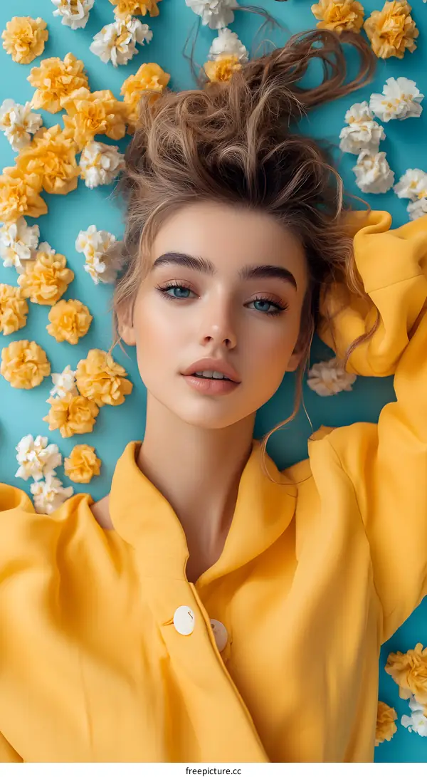 Young Woman in Yellow Jacket Posing with Flowers