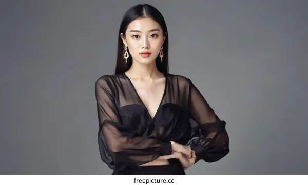 Asian Woman in Fashionable Black Outfit