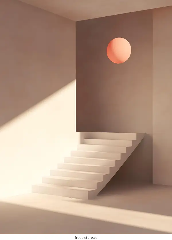 Minimalist Staircase with a Circular Window in a Simple Room