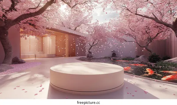 Beautiful Cherry Blossom Garden Scene with Empty Podium