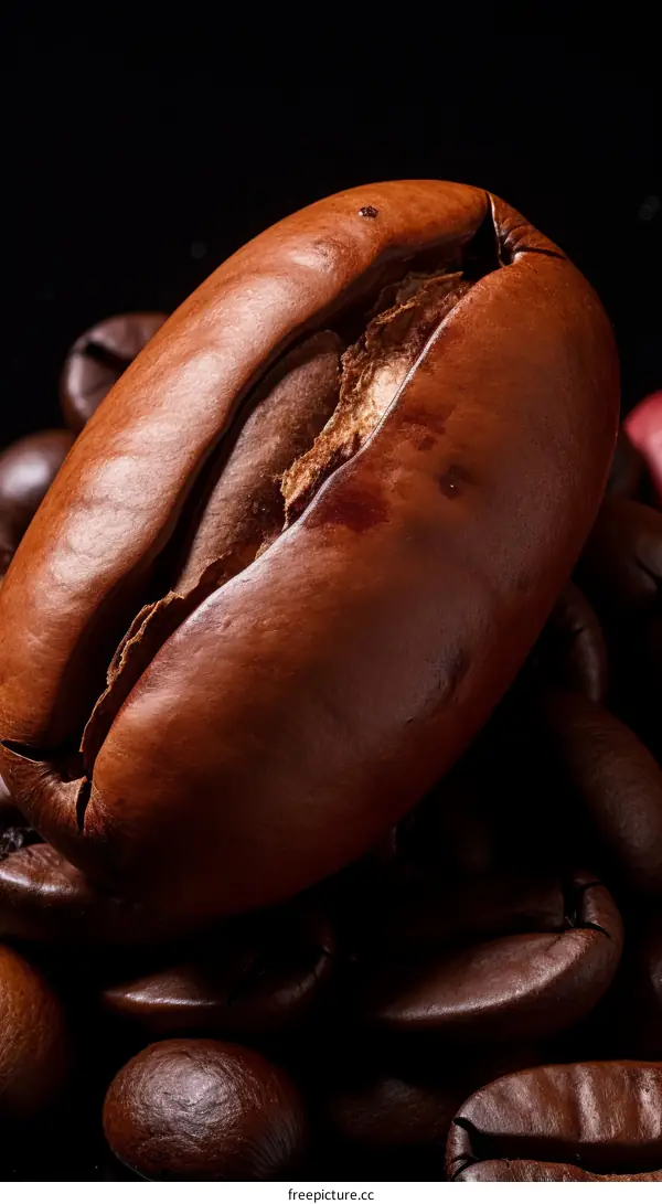 Close-up photo of a single coffee bean with a cracked surface sitting on a pile of coffee beans
