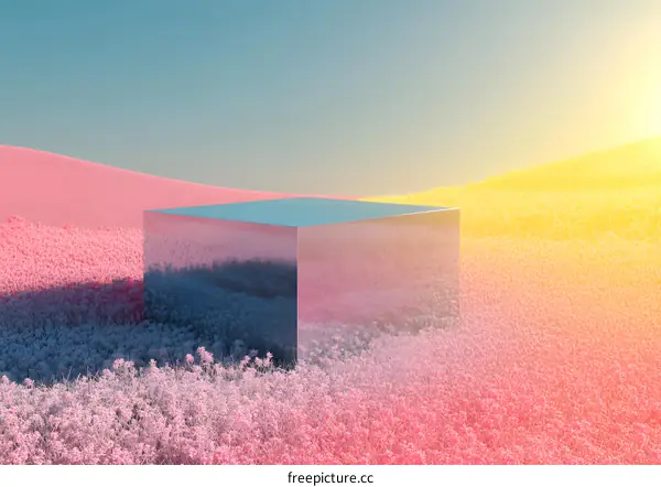 Abstract Minimalist 3D Render of a Shiny Cube in a Field of Flowers