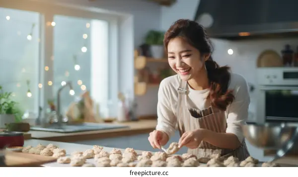 Asian woman making cookies in the kitchen