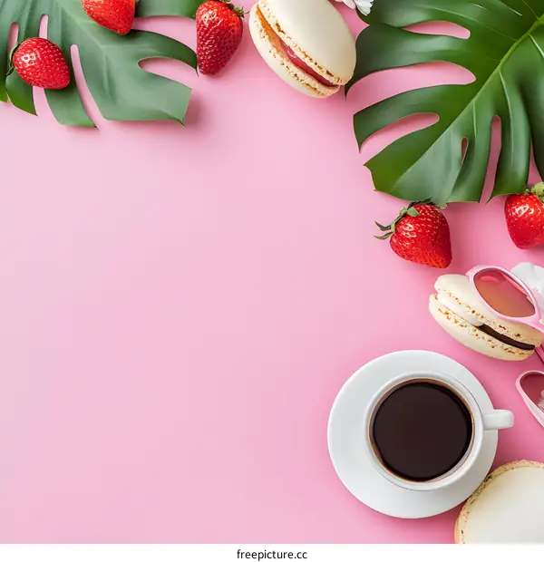 Pink Background With Coffee Cup And Strawberries
