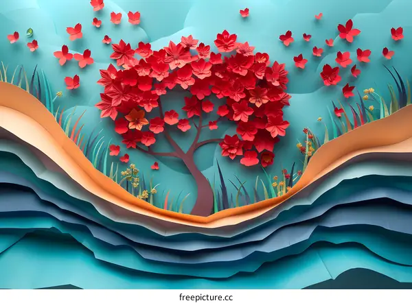 red flower petals in blue background