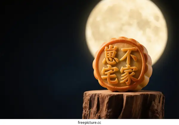 Mooncake with Chinese characters under a full moon for Mid-Autumn Festival