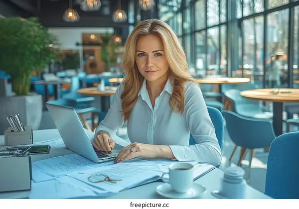 Focused Business Woman Working in a Cafe
