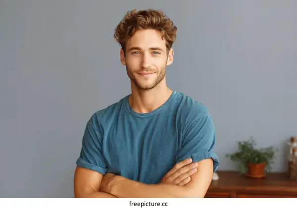 Portrait of a Smiling Man in a Blue T-shirt
