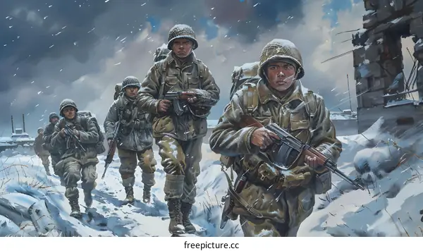 Korean War soldiers trudging through snow