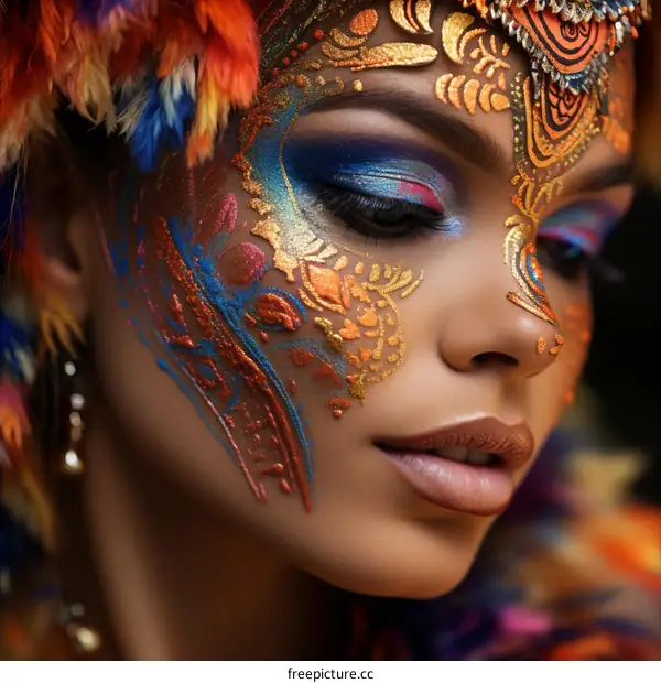 A close-up portrait of a woman wearing a colorful headdress and face paint.
