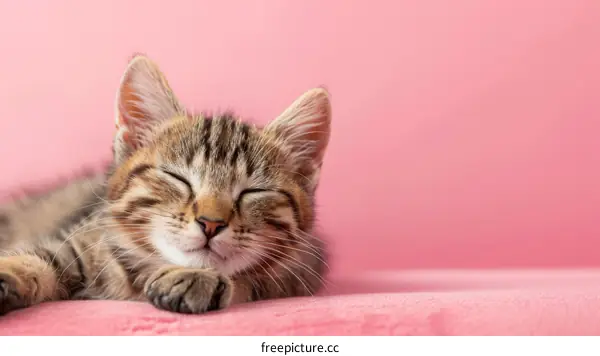 A cute tabby kitten is sleeping on a pink blanket