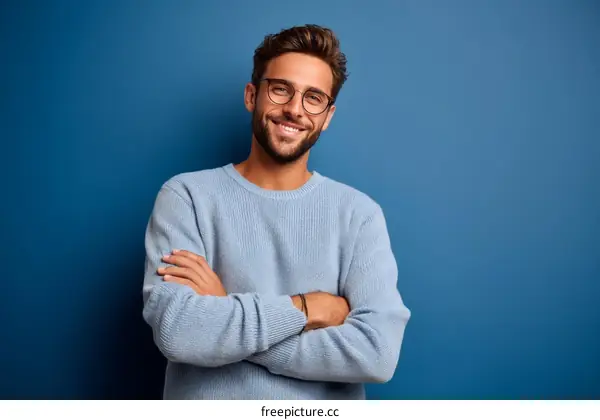 Smiling Man in Light Blue Sweater Against Blue Background