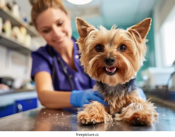 Yorkshire Terrier being examined by a veterinarian