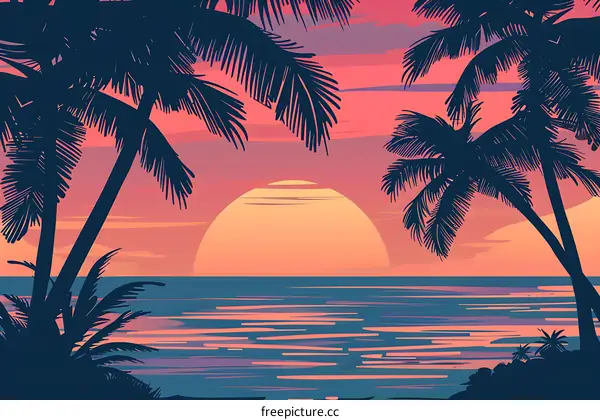 Silhouette Palm Trees at Sunset with Ocean