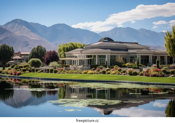 Large luxury house with beautiful landscaping and golf course in the background