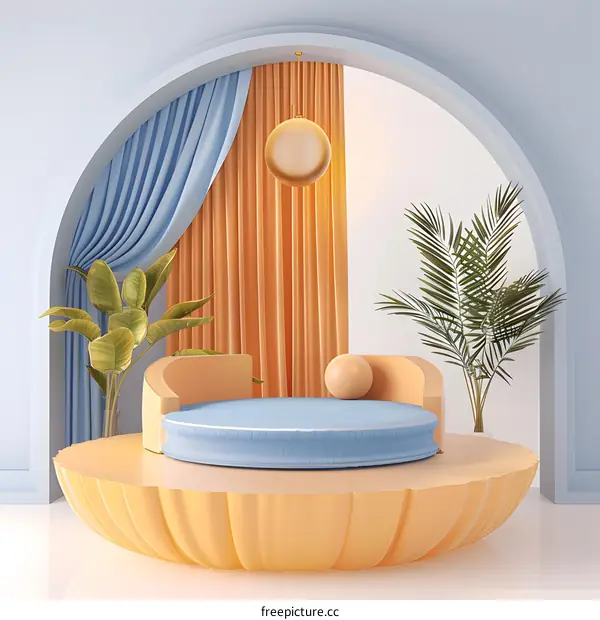 Abstract Minimalist Interior Design With Blue And Orange Curtians