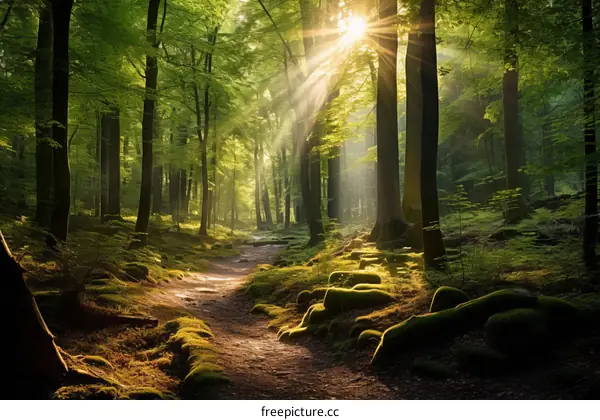 The sun shines through the green forest