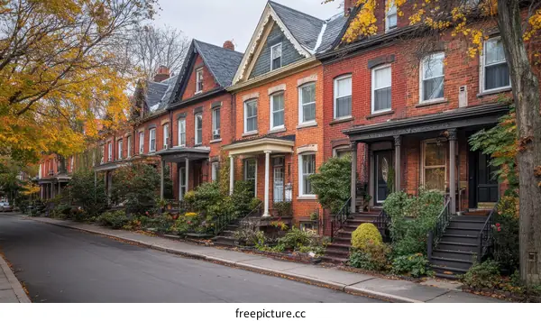 Autumn Row of Victorian Era Brick Houses