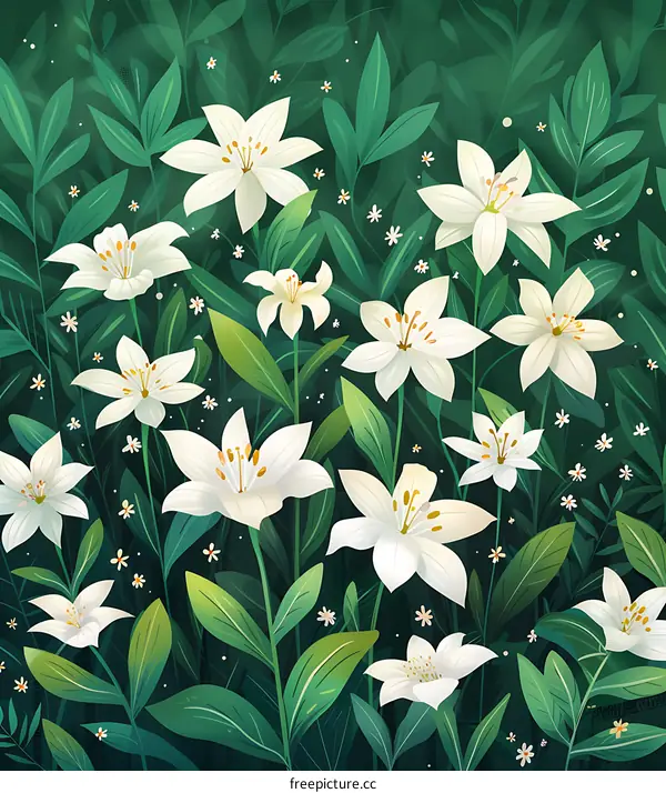 White Lilies in Lush Green Foliage