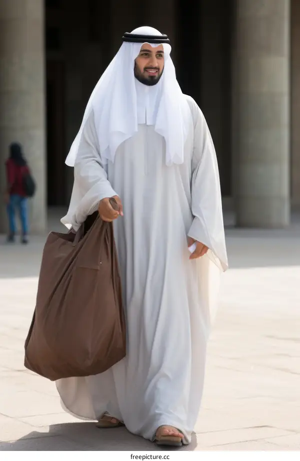 Arab man in traditional clothing walking in a modern city