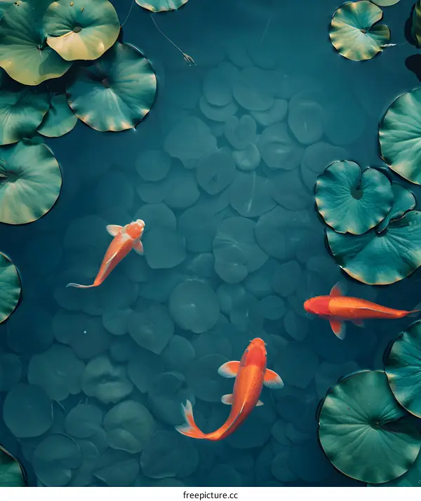 Koi Fish Swimming in Pond with Lily Pads
