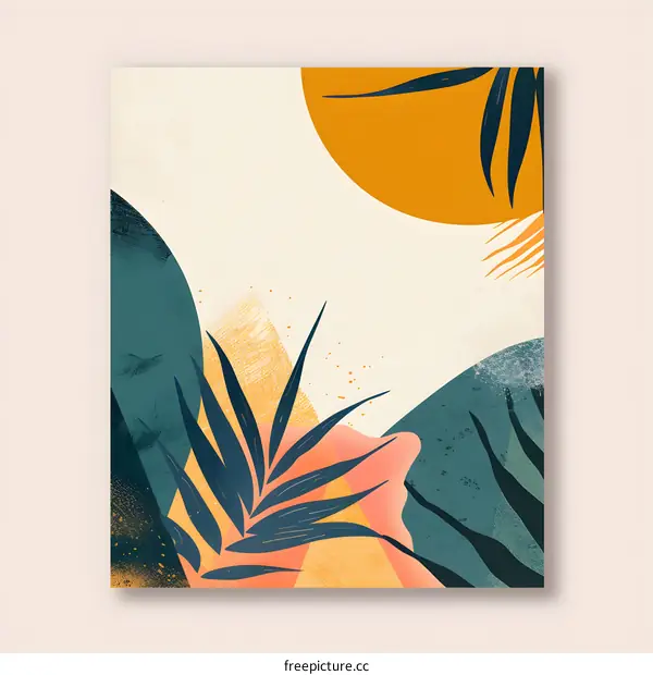 Abstract Art Print with Leaves and Circles