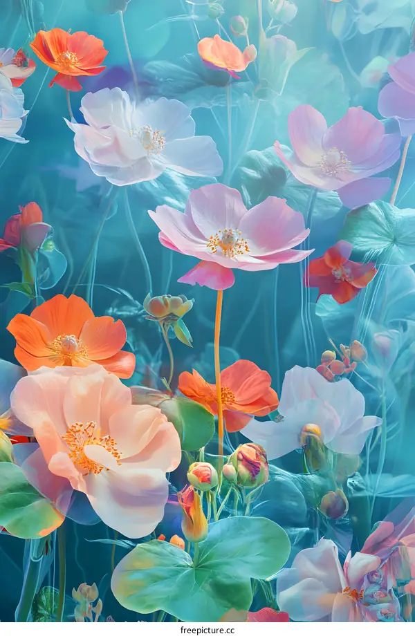 Floral Abstract Painting with Blue Background