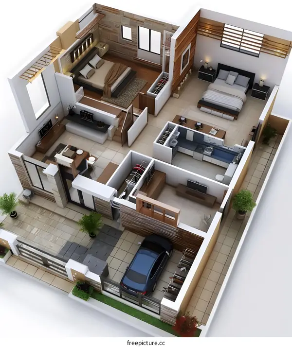 Top view of a three-story modern house