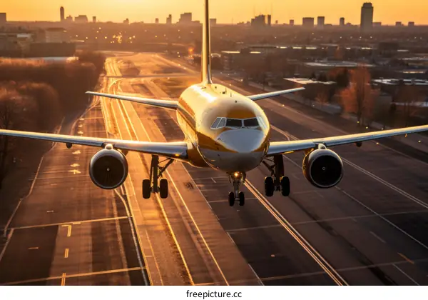 Passenger Jetliner Descends Over City at Sunset