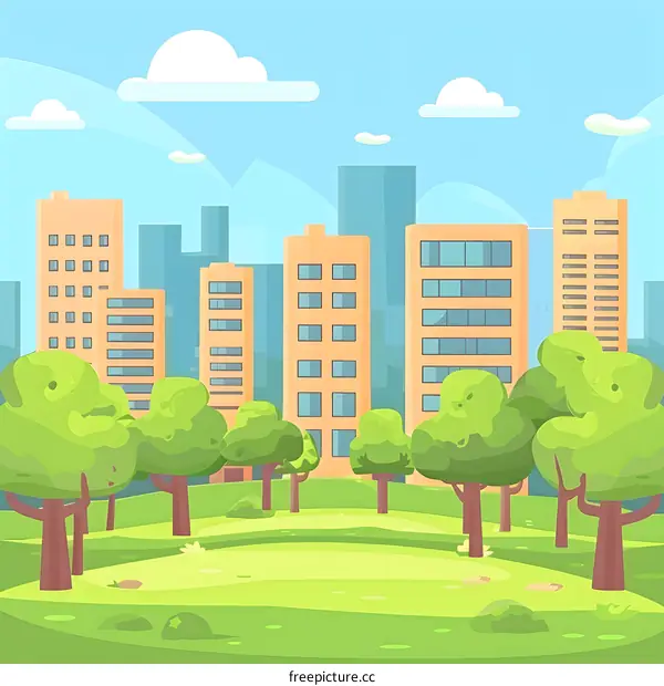 Green Park in Front of Modern City Buildings