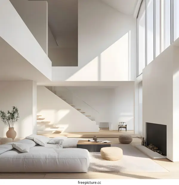 Minimalist Living Room Interior Design With White Walls, Wooden Floor and Large Windows