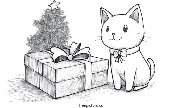 Cute Cat with Christmas Tree and Gift